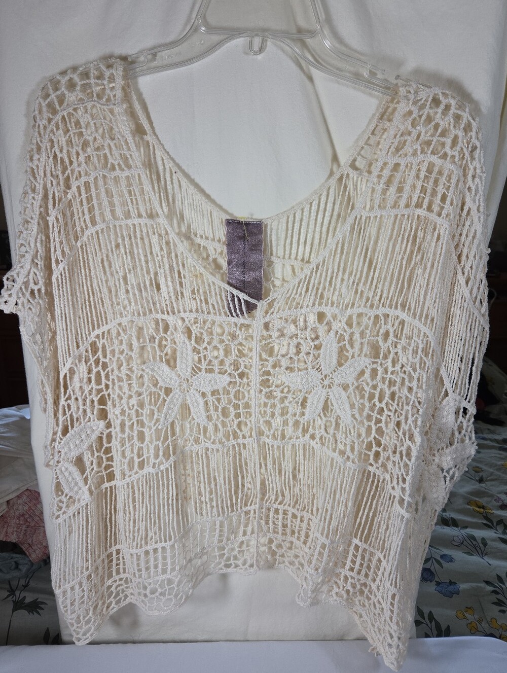 Moon collection Cream Openwork Crochet Top Sz L Boho Chic Cottagecore Festival